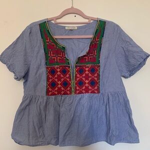 American Eagle Outfitters Striped Blue Blouse with Colorful Embroidery